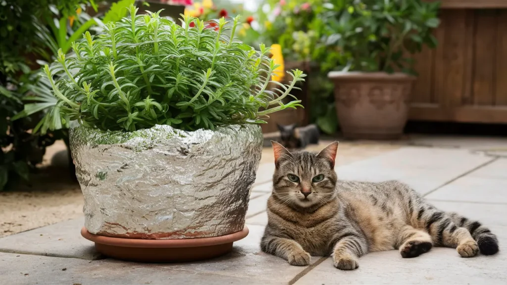 cat next to houseplant protected with aluminium