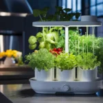 A smart garden sits on a kitchen counter. The garden is a rectangular container with a built-in light and pods containing various seedlings.