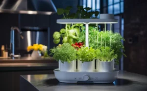 A smart garden sits on a kitchen counter. The garden is a rectangular container with a built-in light and pods containing various seedlings.