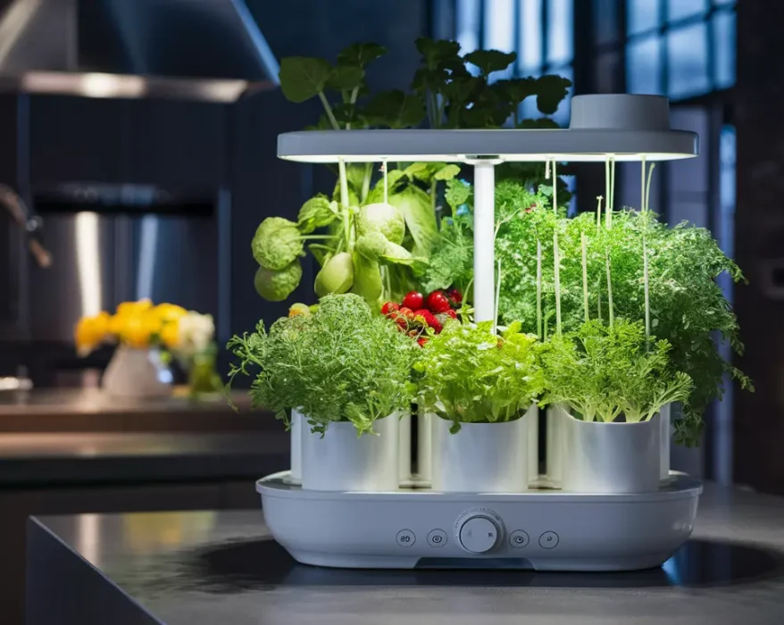 A smart garden sits on a kitchen counter. The garden is a rectangular container with a built-in light and pods containing various seedlings.