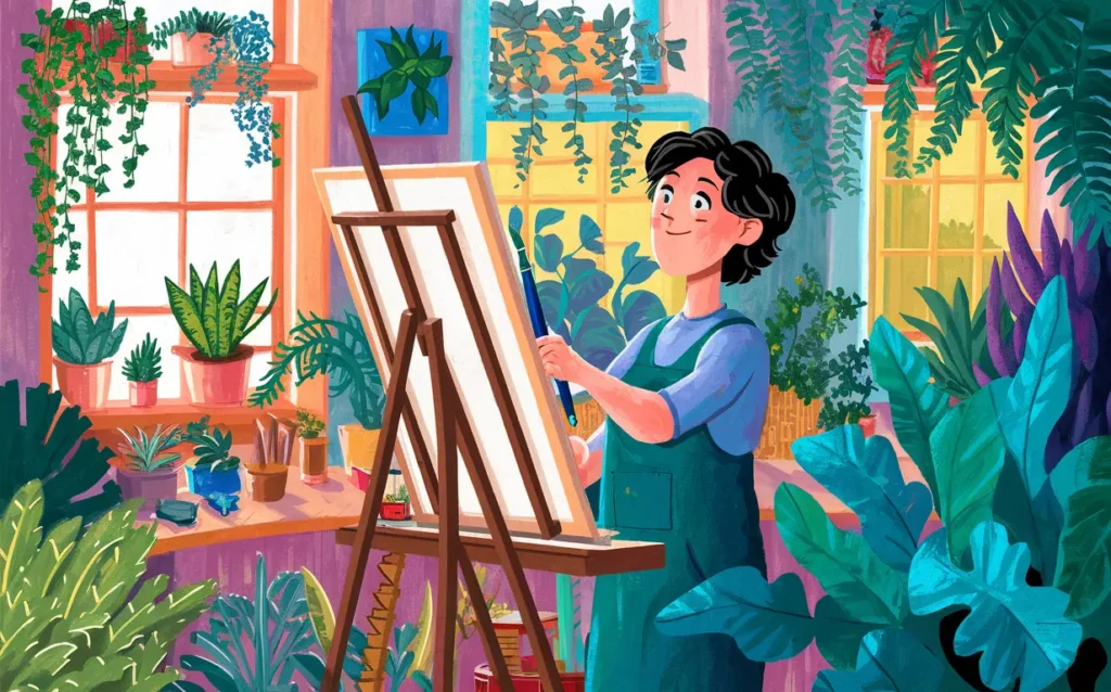 An artist's studio filled with Mood-Boosting Houseplants of different shapes and sizes, providing inspiration and a calming atmosphere for creative endeavors such as painting or sculpting.
