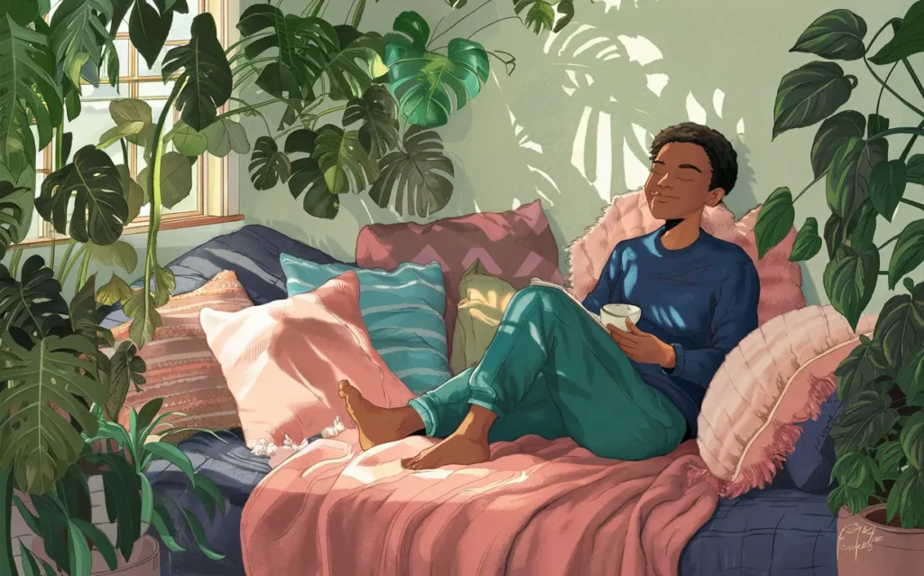 A person sitting in a cozy corner surrounded by lush green Mood-Boosting Houseplants, enjoying a moment of relaxation with a cup of tea or a book.