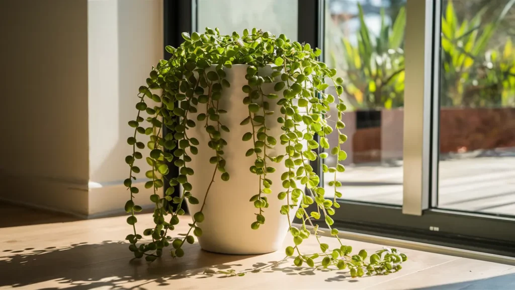 String of Pearls (Senecio rowleyanus) arranged in a modern pot, with sunlight streaming in, illuminating its trailing vines.