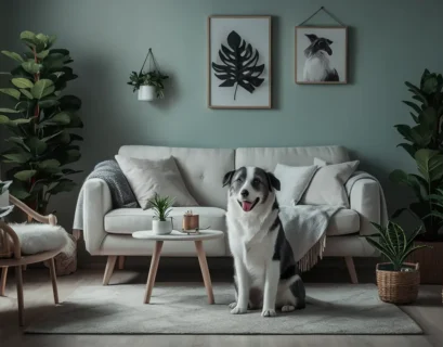 A dog sitting on a window sill next to a houseplant.