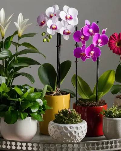 A colorful collection of flowering houseplants displayed on a decorative tray. The plants include a peace lily with white blooms, a vibrant African violet, a delicate orchid with purple flowers, and a gerbera daisy with a bright pink bloom. The pots holding the plants are various styles and colors, including ceramic, woven baskets, and metal containers.