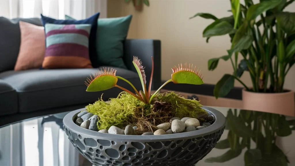 Living room photo with a Venus Flytrap (Dionaea muscipula) surrounded by moss and pebbles, placed in a decorative modern pot, showcasing its carnivorous nature.