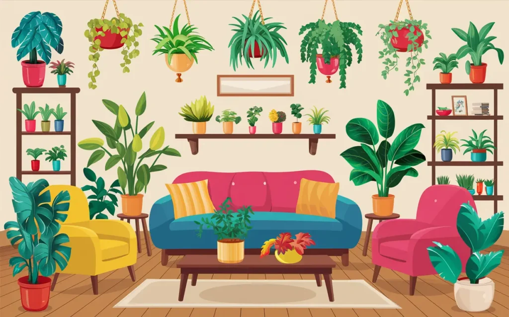 A beautifully decorated living room with vibrant Mood-Boosting Houseplants arranged on shelves, tables, and hanging from the ceiling, adding a touch of color and life to the space.