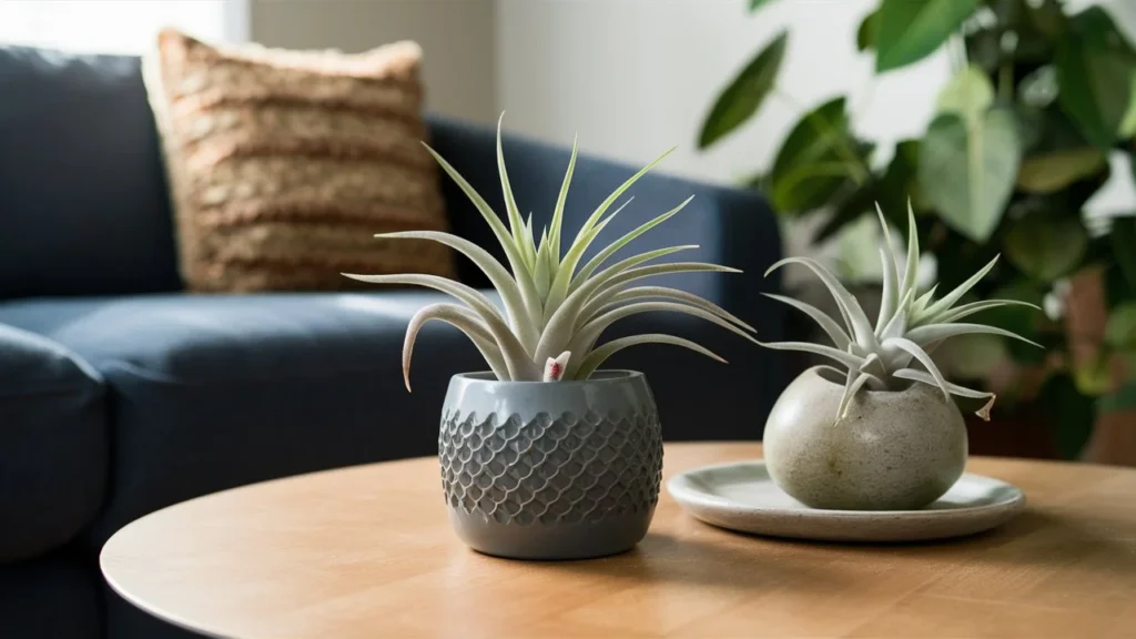 Living room photo with Air Plants, placed in a decorative modern pot, showcasing its carnivorous nature.

