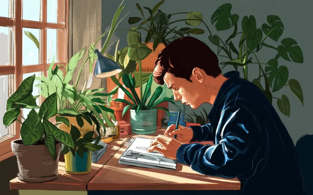 A well-lit study desk with a variety of Mood-Boosting Houseplants strategically placed around it, creating a conducive environment for focused work or study.