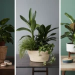A collage featuring four houseplants in various stylish containers. From left to right, there is a Snake Plant in a woven basket, a Philodendron in a ceramic pot, a Monstera Deliciosa in a metal planter with a stand, and a Calathea in a hanging macrame planter.
