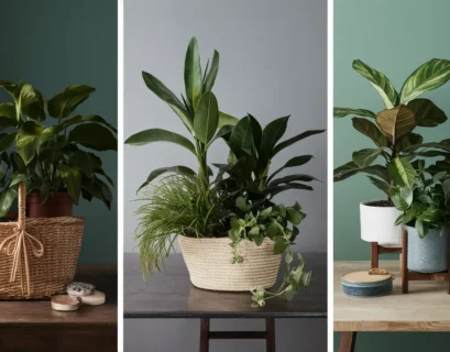 A collage featuring four houseplants in various stylish containers. From left to right, there is a Snake Plant in a woven basket, a Philodendron in a ceramic pot, a Monstera Deliciosa in a metal planter with a stand, and a Calathea in a hanging macrame planter.