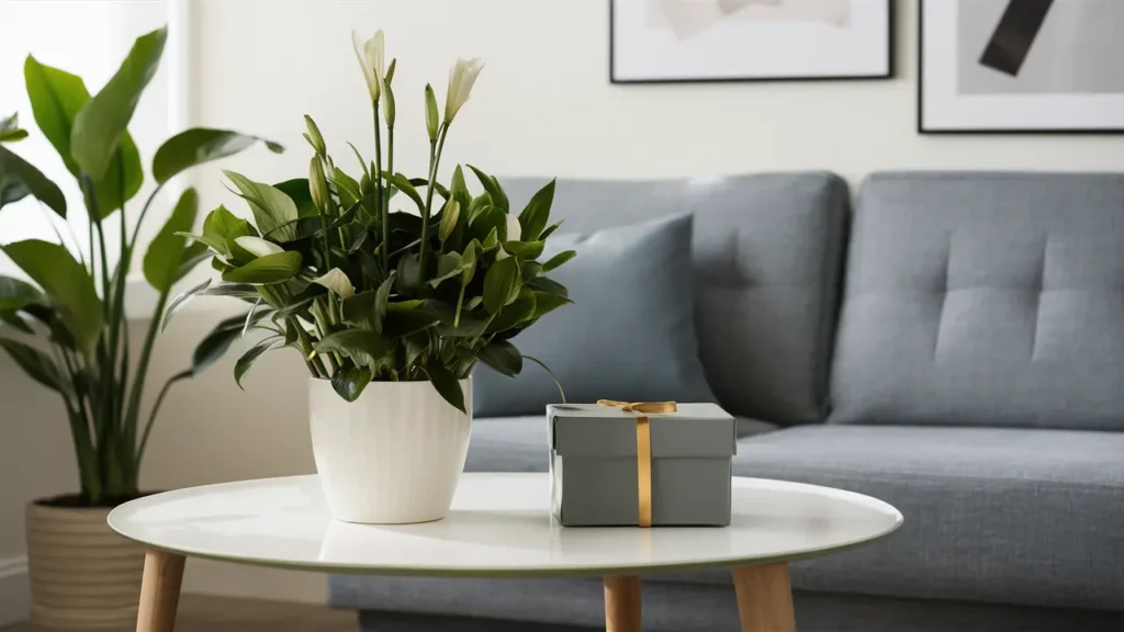 The Peace Lily in a white pot next to a gifting box