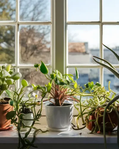 A collection of potted plants sitting on a windowsill in front of a window. The plants are all different shapes and sizes, and some have colorful flowers. These plants are the best houseplants for direct sunlight