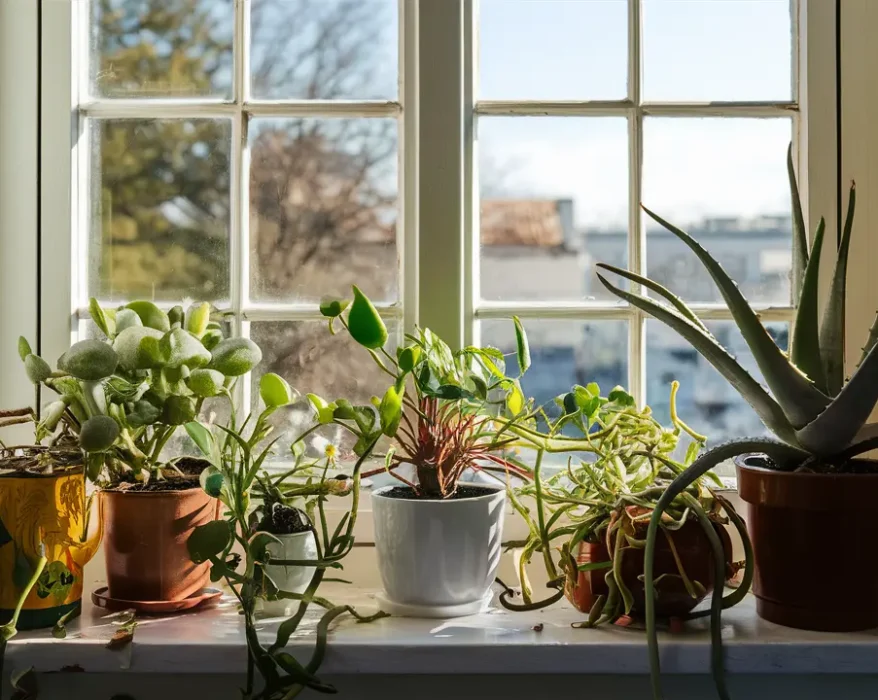 A collection of potted plants sitting on a windowsill in front of a window. The plants are all different shapes and sizes, and some have colorful flowers. These plants are the best houseplants for direct sunlight