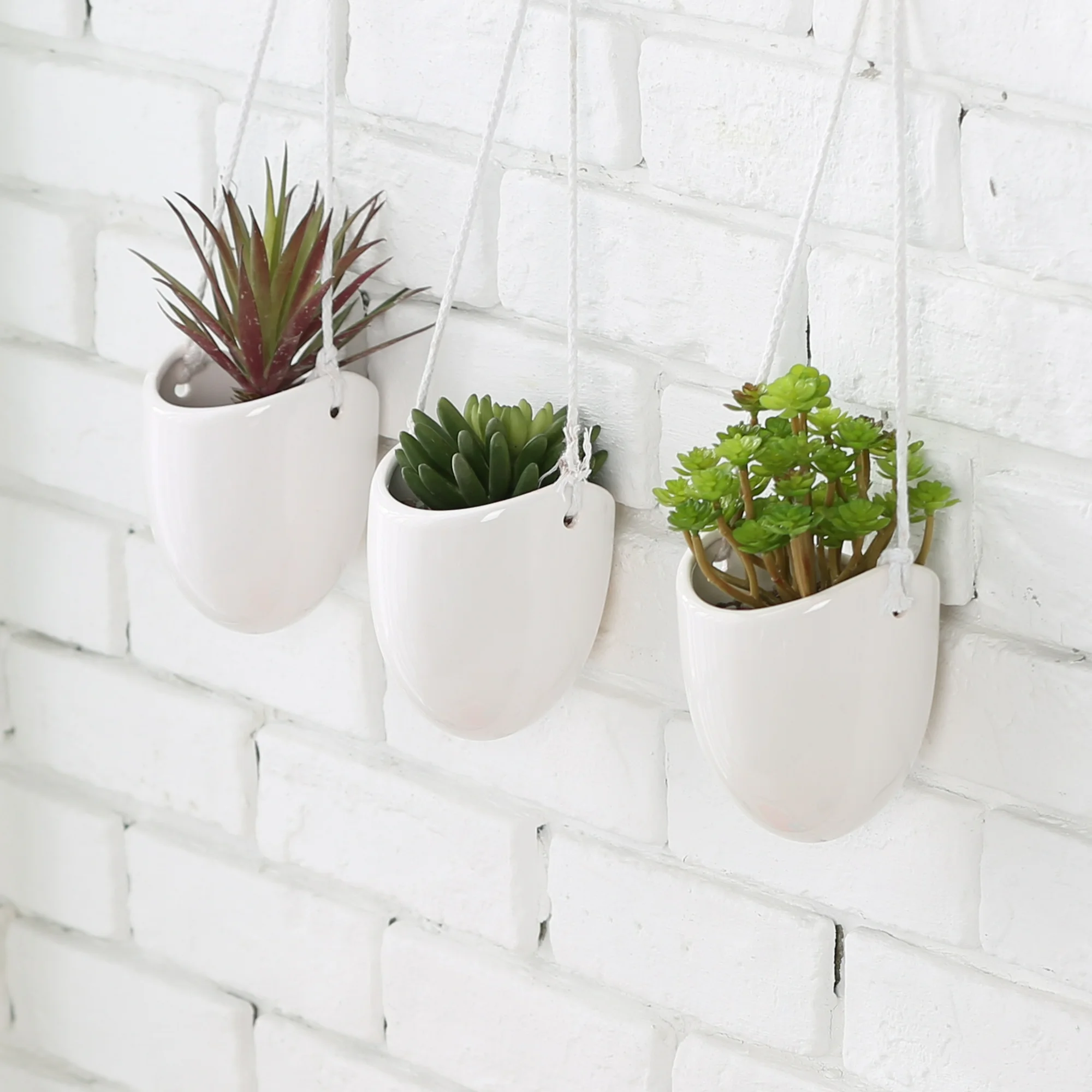 MyGift 3 Piece Modern White Ceramic Hanging Planters